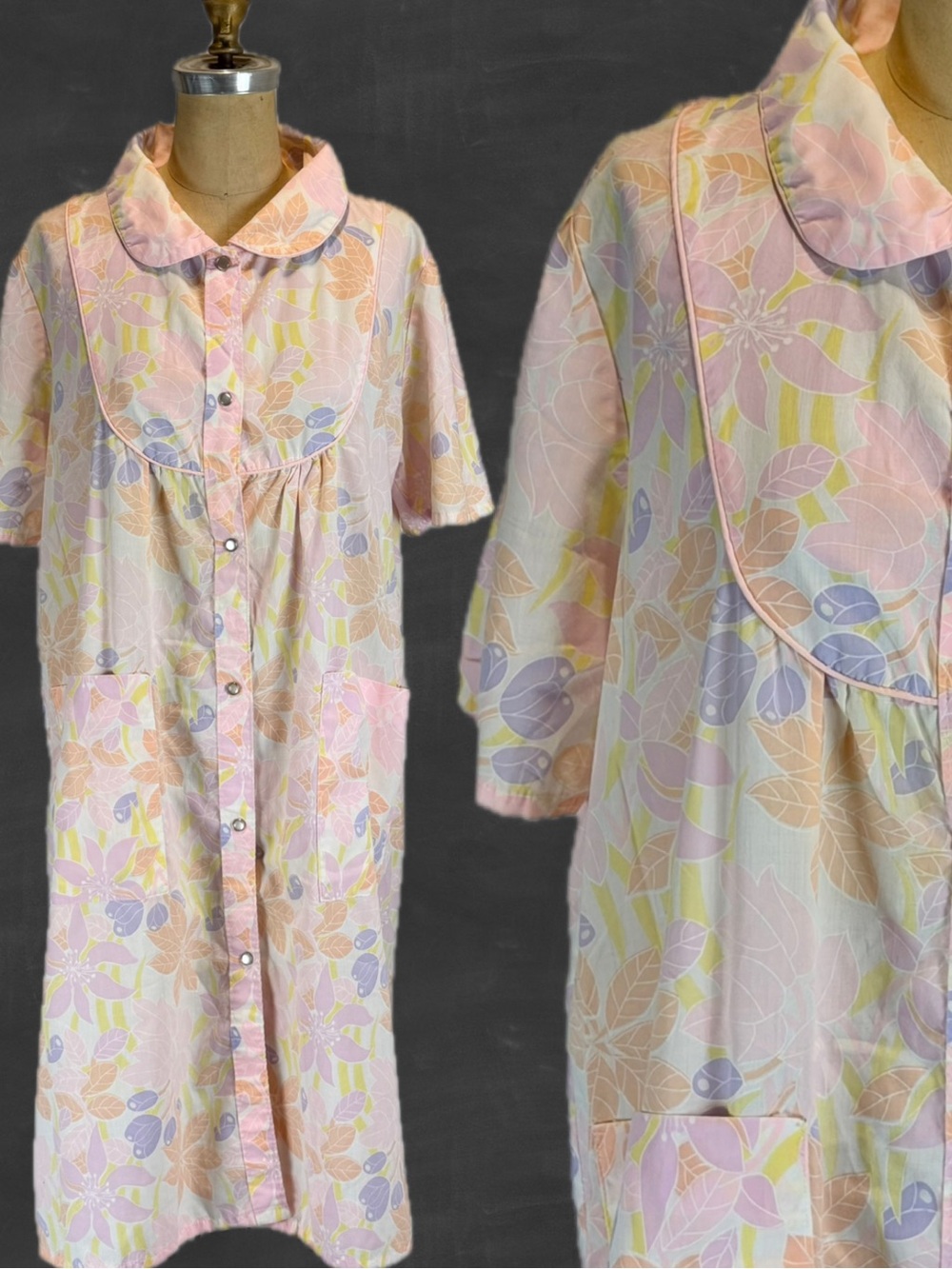 VINTAGE 80s pastel floral house dress robe gown snap button front loungewear